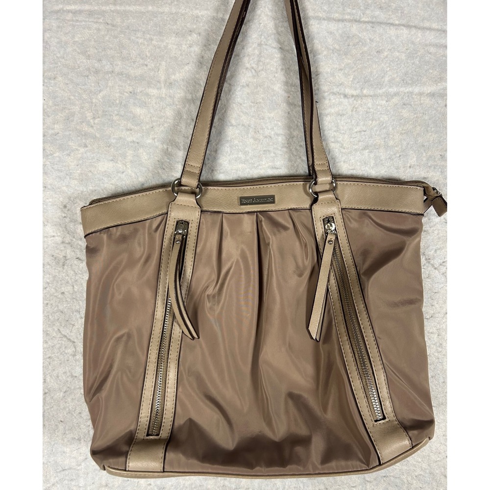 Enzo Angiolini Nylon Leather Trim Tote Bag Beige Tan Shoulder Handbag‎